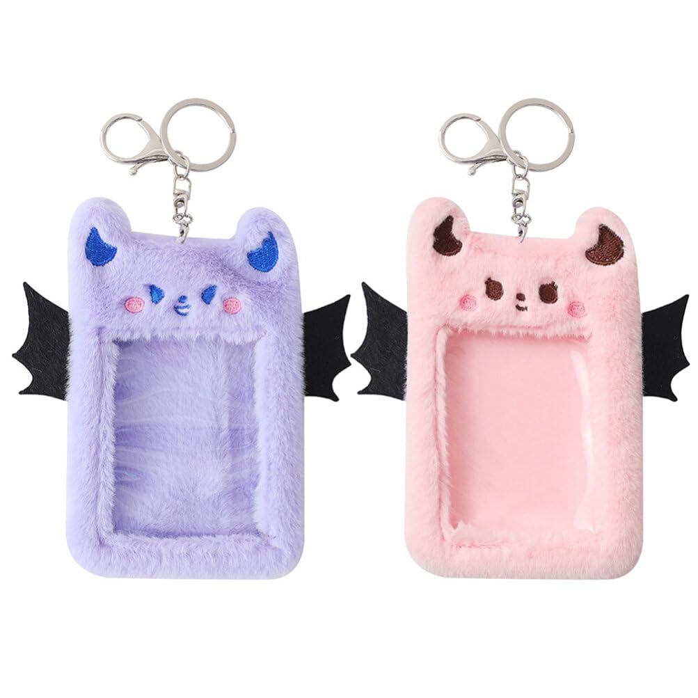 NUOBESTY 2Pcs Plush Photocard Holder with Keychain Cartoon Devil Card Sleeve Cute Photo Card Cover ID Bank Credit Card Bus Case Protector Stationery for Girls and Kids