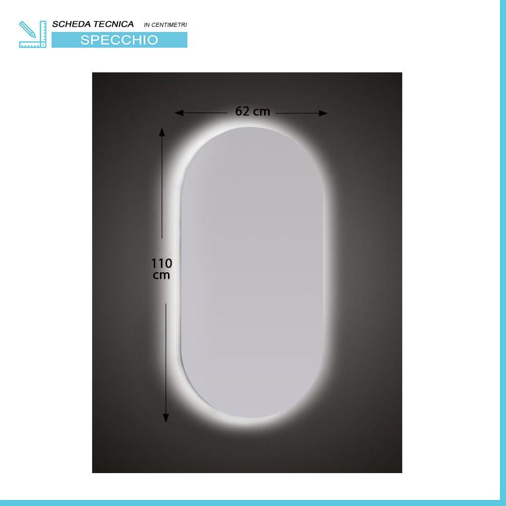 Inbagno Specchio ovale LED 62x110 cm con illuminazione perimetrale e installazione reversibile, a filo lucido con spessore 4 mm