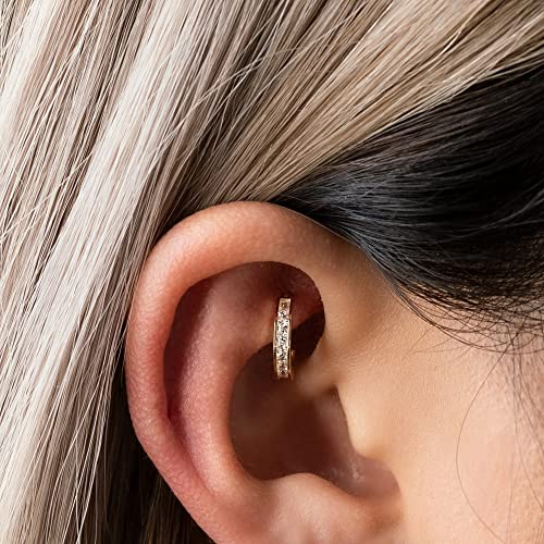 Anygolds 14K Real Solid Gold Cubic Zirconia Hoop Earring Cartilage Daith Helix Tragus Conch Rook Snug Hinge Huggie Hoop Ear Clicker Ring Piercing Jewelry 18 Gauge - 1Pcs (Yellow Gold) #TOP3