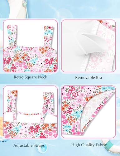 Image of CRISONE Girl Swimsuit One Piece Bathing Suit for Girls Retro Square Neck Adjustable Straps Girls' Swimwear 9-16Y