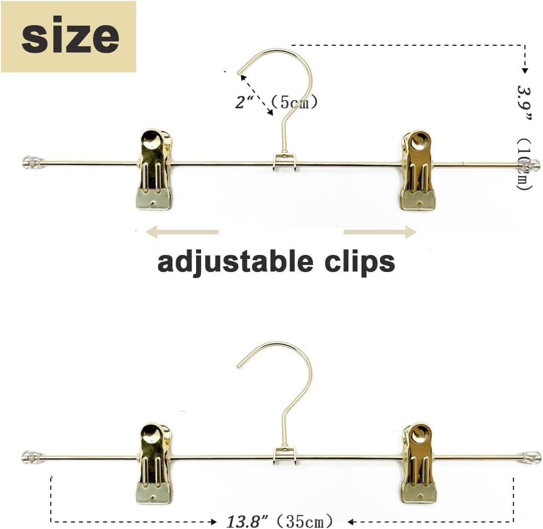 Colgador para pantalones, pantalones cortos y faldas de metal dorado de 34 cm, clips ajustables en la parte inferior, organización para colgar ropa o abrigo (30 paquetes)