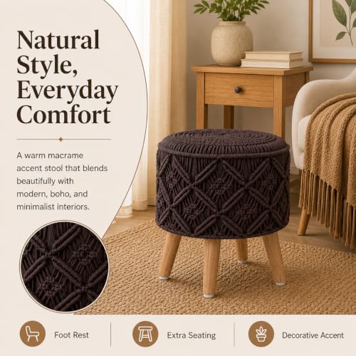 Image of Macrame Ottoman for Living Room | Handcrafted Woven Foot Rest Stool with Solid Wooden Legs | Pouffe for Sitting, Foot Stool for Bedroom & Home Decor | 16x16x18 Inch (Coffee)