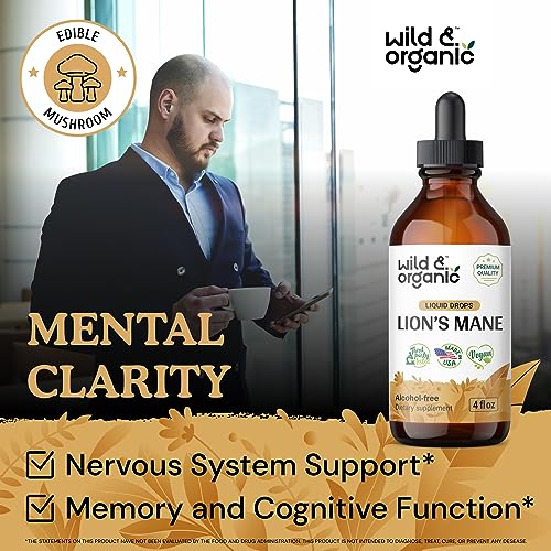 Wild & Organic Lions Mane Liquid Drops - Brain & Focus Support - Lion's Mane Mushroom Supplement - Hericium Erinaceus Mushroom Drops - Vegan, Sugar & Alcohol-Free Extract Tincture - 4 fl oz - Image 3