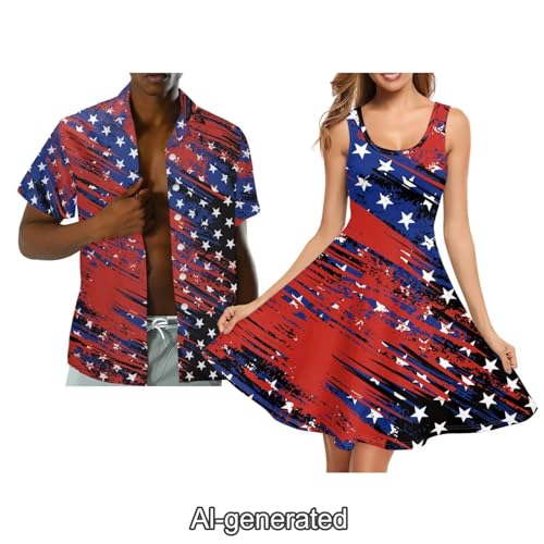 Image of Dreaweet Summer Dresses for Women A-Line Sleeveless Flowy Sun Dresses,Men's Casual Button-Down Shirts,Couple Matching Outfits