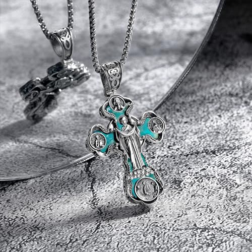 Orthodox Cross Necklace, Silver Crucifix Cross for Men Women Turquoise Jesus & Virgin Mary Cross Pendant Necklaces Christian Religious Jewelry Gift3