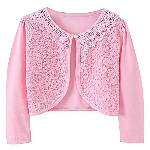 Image of Girls Long Sleeve Bolero Cardigan Shrug Beaded Lace Cotton Flower Jacket Shrug Short Cardigan Dress Cover Up (Pink, 4 /5)