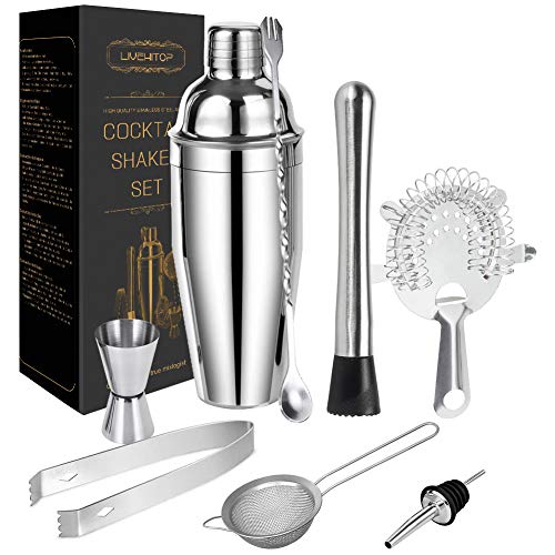 LIVEHITOP Cocktail Making Set, Kit Barista in Acciaio Inox Kit Professionale Cocktail Shaker Set con 750ML Boston Shaker per la Casa, Bar, Festa