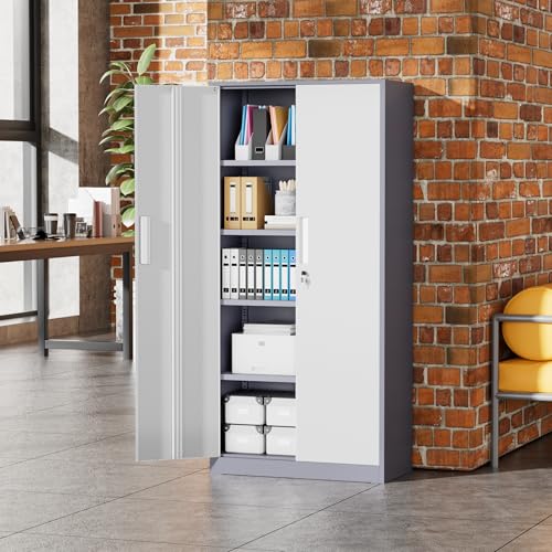 Image of Greenvelly Metal Storage Cabinet, 72 inch Locking Metal Garage Storage Cabinet with Doors and 4 Adjustable Shelves, Lockable Steel Cabinet for Home Office, Garage, Shop, School (White Grey 32 inch W x 16 inch D)