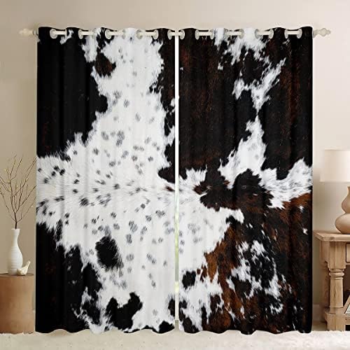 Manfei Cow Fur Window Curtains White Black Brown Cowhide Window Drapes for Kids Boys Teens Room Decor Animal Skin Print Window Treatments Grommet Top 2 Panel Set Bedroom Curtains, 84Wx63L inch