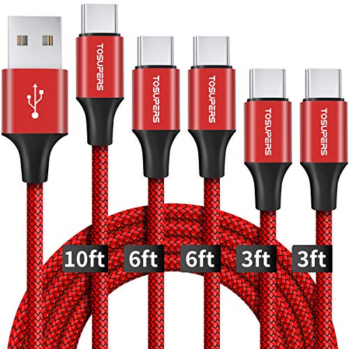TOSUPERS USB C Cable Fast Charging, 5-Pack 10/6.6/6.6/3/3 ft Braided USB A to C Type Charger Cord Compatible with Galaxy A10e A51 A71 S20 S10 S9 Note 9 10 Plus S20 FE 5G