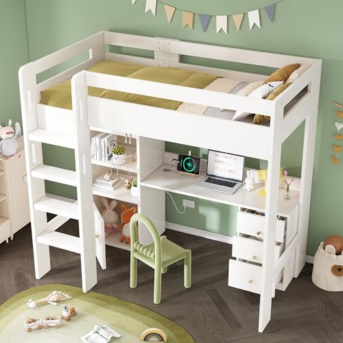 LAKFEW Kinderbett 90x200 cm Hochbett mit Schreibtisch und Schrank, Etagenbett Bett mit Stauraum Schublade, Leiter und Rausfallschutz, Einzelbett Jugendbett mit Lattenrost, Ohne Matratze, Weiß LAKFEW Kinderbett 90x200 cm Hochbett mit Schreibtisch und Schrank, Etagenbett Bett mit Stauraum Schublade, Leiter und Rausfallschutz, Einzelbett Jugendbett mit Lattenrost, Ohne Matratze, Weiß