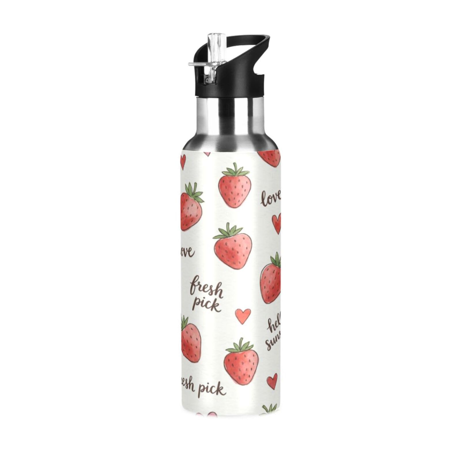 BOESI Strawberry Pattern Insulated Water Bottle 600ml, Stainless Steel Vacuum Sports Bottle with Straw, Leak Proof Thermal Bottle for Gym Travel Outdoor