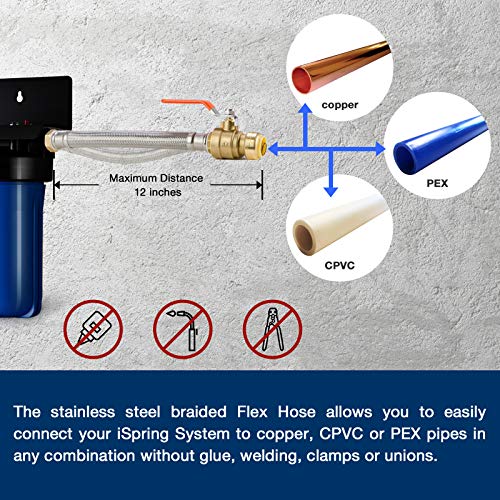 Ispring Wgb21B+Ah12Mn16X2 2-Stage Whole House Water Filtration System With 3/4 Inch Push-Fit Braided Stainless Steel Hose Connectors And Ball Valve, Blue #TOP3