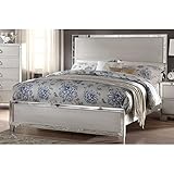 Platinum Finish Wood Panel Bed - Mirrored Inlay Trim, Glam Contemporary Style, Wooden Headboard