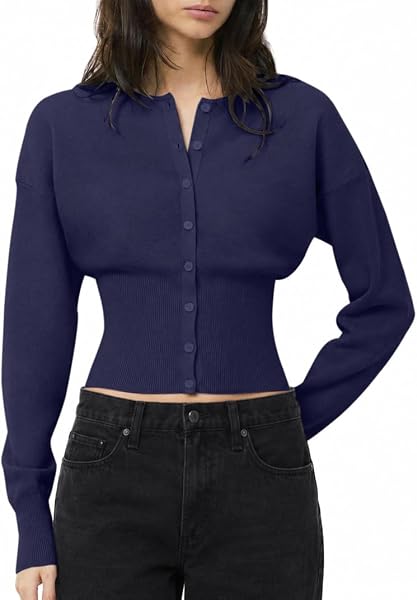 QINSEN Cardigan Sweaters for Women Button Up Crewneck Cinched Waist Top