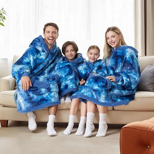 Image of Giggling Getup Wearable Blanket Hoodie for Girls and Boys Warm Cozy Sherpa Fleece Hooded Blanket Sweatshirt Oversized Hoodie with Giant Pocket & Sleeves for Kids Dark Blue Tie Dye