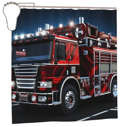 GFLFMXZW Duschvorhang, roter Feuerwehr- & Rettungswagen-Duschvorhang für Badezimmer, Dekoration, Zubehör, Duschvorhang mit Ösen & 12 Haken, wasserdicht, Bad-Duschvorhang-Set, 183 x 183 cm
