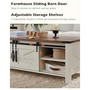 OKD 48 Farmhouse Lift Top Coffee Table with Sliding Barn DoorRustic Center Table with Hidden Storage CompartmentLifting Tabletop and Adjustable Shelf for Living RoomOfficeAntique White