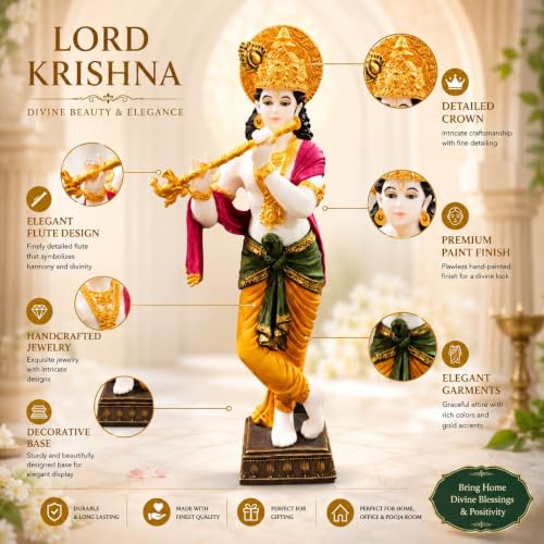 Image of ARMONIA Lord Krishna Idol Marble Dust Statue Murti | Krishana Sculpture for Home Decor, Pooja, Mandir & Gifting Item |Best Gift for Housewarming (14.9 Inches, Multicolor) (Including Microfiber Cloth)