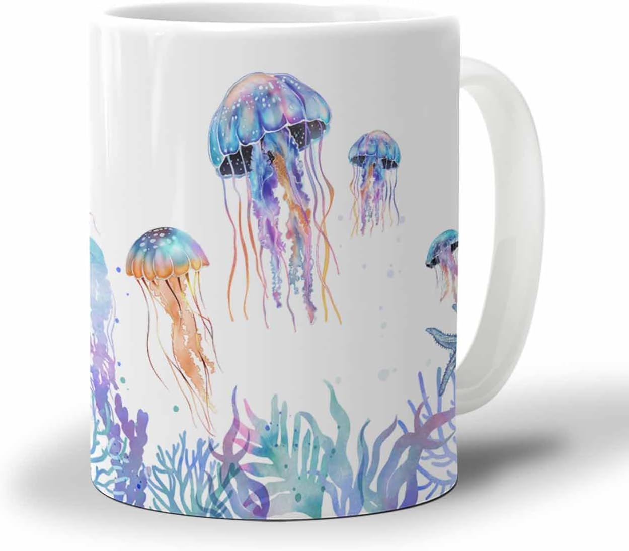 BEMIGO Ceramic Coffee Mug Summer Ocean Jellyfish Theme Ceramic Mug White Cup, Navy Blue and White Insulated Coffee Cup with Handle with Pattern Perfect for Tea and Hot Beverages, 12oz