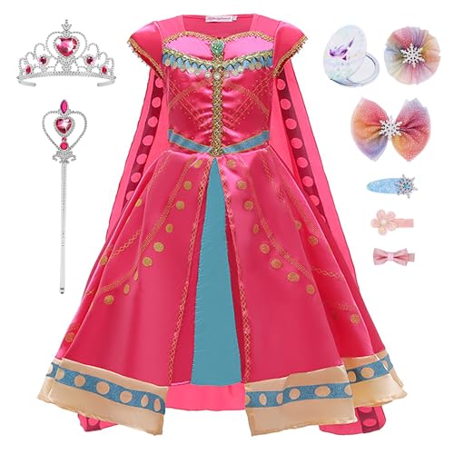 Monissy Aladdin Princesse Jasmine Robe Rose Cosplay Manches Courtes Lampe Monnaies Broderie Doré Enfant Déguisement de Princesse Jasmine Cape Amovible Halloween Noël, Rose, 120