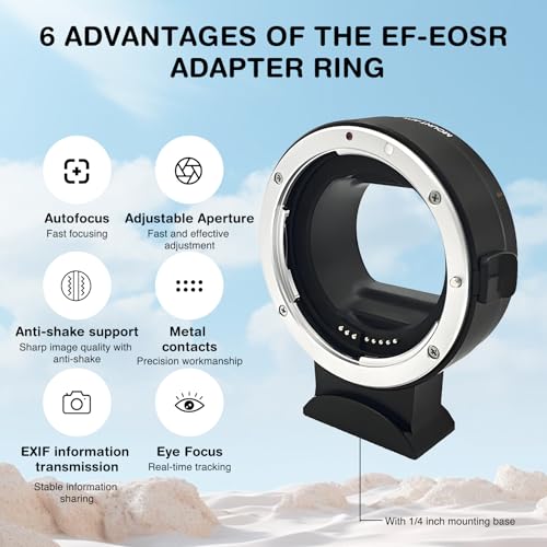Lens Mount Adapter EF-EOS R, Auto-Focus Lens Converter, All-Metal Structure,Lens Mount Converter for Canon EF/EF-S Lens to EOS R, RP, R100, R50, R5C, R3, R6, R5 Cameras (Black)