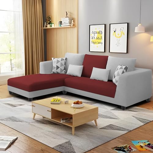 Image of Galib LHS 4 Seater L Shape Sofa Set for Living Room (Maroon Grey Fabric) Premium Fabric Sofa
