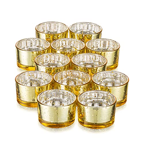 Mercury Glass Tealight Candle Holder Gold, Set Of 12 Glasseam Unity Glitter Tea Lights Holders Decorative Bulk Vintage Wedding Reception Table Centerpiece For Christmas Halloween Advent #TOP16