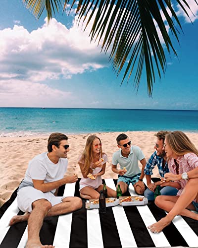 Oversized 83”X79” Outdoor Beach Blanket Picnic Blankets, Black And White Stripes Sandproof Waterproof Foldable Beach Blankets For Camping, Grass, Beach With Family/Friends/Kids Vertical Simple Design #TOP26