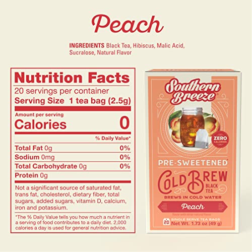 Southern Breeze Cold Brew Sweet Tea Peach Iced Tea With Black Tea And Zero Carbs Zero Sugar, 20 Individually Wrapped Tea Bags, Pack Of 4 #TOP5
