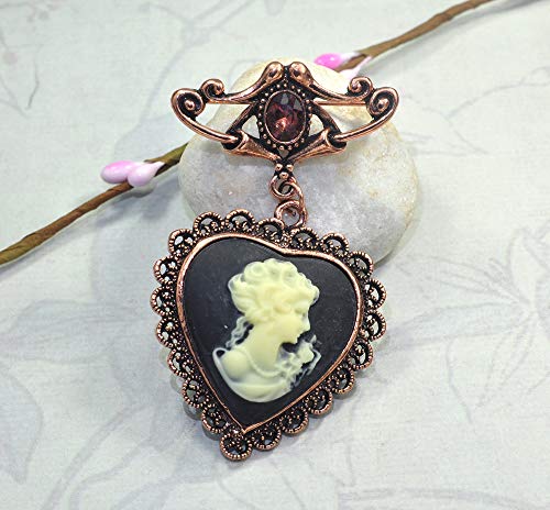 Gyn&Joy Copper Tone Purple Crystal Stone Vintage Victorian Heart Cameo Lady Women Brooch Pin #TOP2