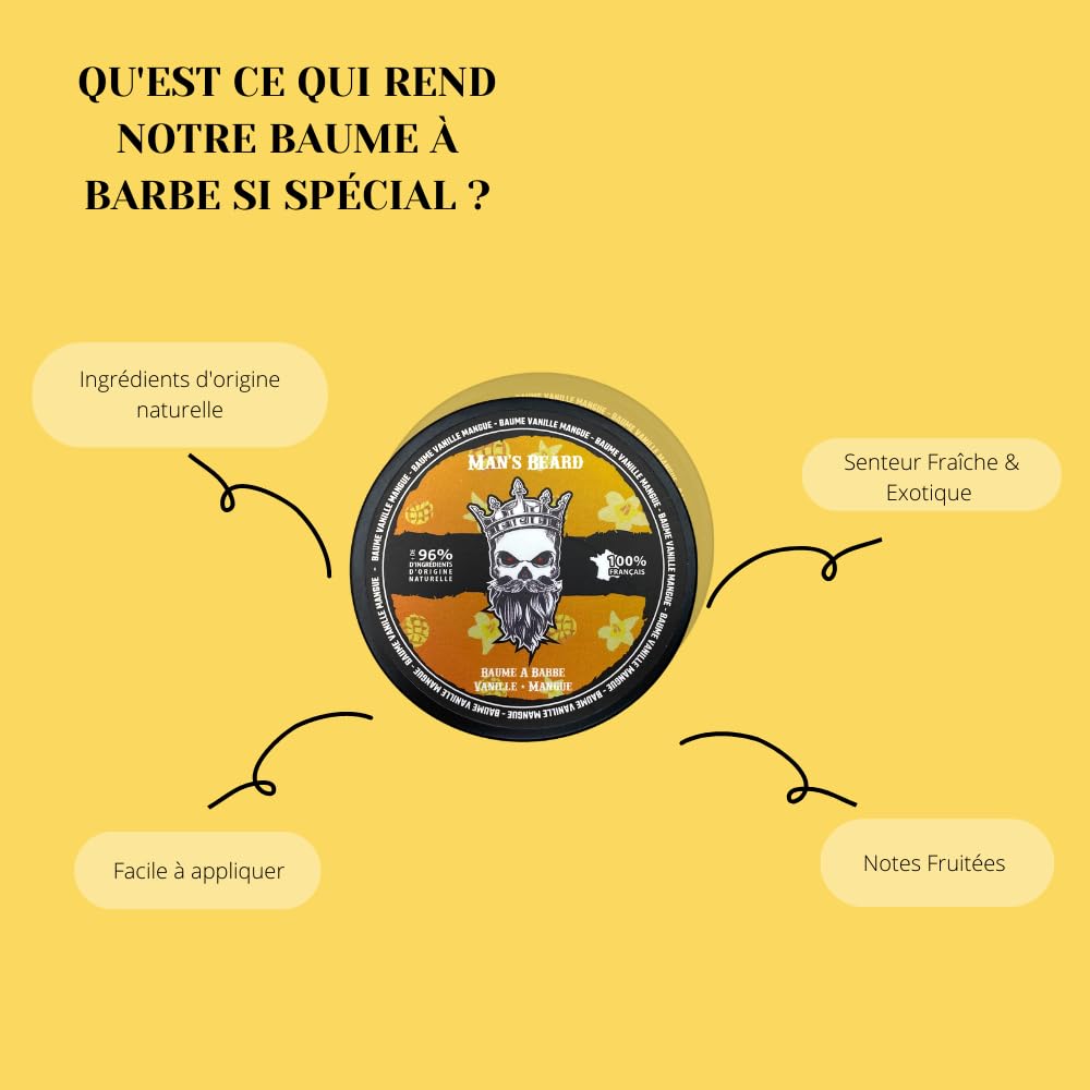 Man's Beard | Baume à barbe homme | Vanille Mangue | Ingrédients d'origine naturelle | Soin de barbe adoucissant et aide à la pousse de la barbe | 100% Fabrication Française