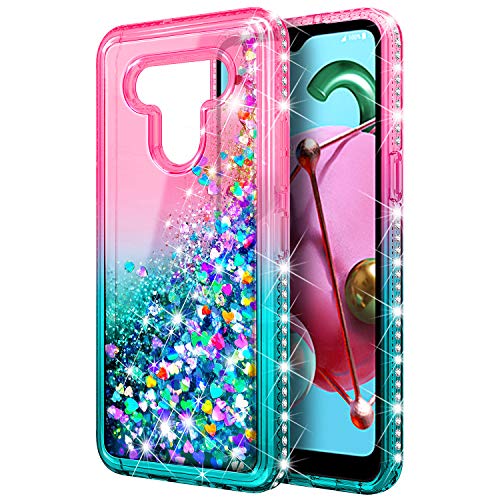 E-Began Case Compatible For Lg Premier Pro Plus (L455Dl), Xpression Plus 3/Harmony 4 With Tempered Glass Screen Protector, Sparkle Glitter Liquid Bling Diamond, Women Girls Cute Case -Pink/Aqua #TOP5