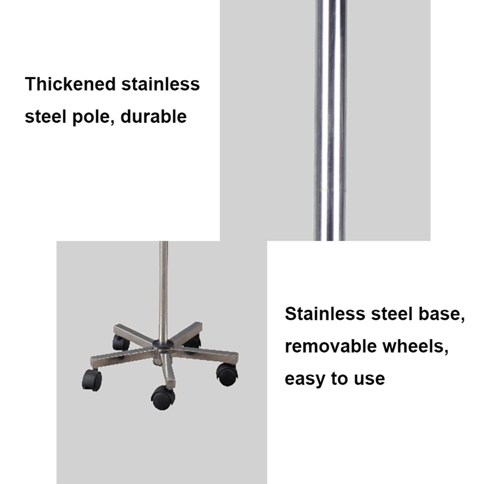 Stal nierdzewna IV Drip Stand, Stojak na kroplówkę ze stali nierdzewnej z kółkami o regulowanej wysokości 110-200 cm Multi Hook do opieki zdrowotnej