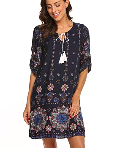 Halife Bohemian Dresses Summer Casual Womnes Ethnic Style Floral Shift Dress Sundress Navy Blue,Xl #TOP3