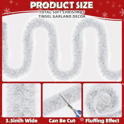 Image of 50ft Silver & White Christmas Tinsel Garland - Metallic Tinsel Glitter Twist Garland Hanging Streamers for Indoor /Outdoor Decor Xmas Tree Garlands Decorations