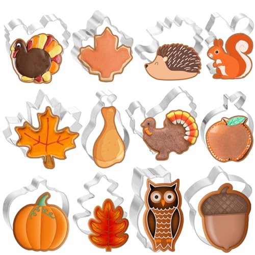 Thanksgiving Cookie Cutters, 12 pieces Fall Cookie Cutters Shape Set Stainless Steel Biscuit Cutters Mold with Pumpkin, Turkey, Maple Leaf, Squirrel for DIY Thanksgiving Party Baking Decor Supplies