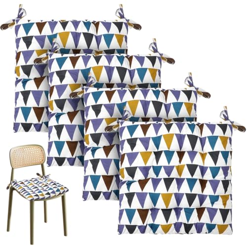 4 Stück Cartoon Stuhlkissen, 40 x 40 cm Sitzkissen mit Bändern, Kissen für Gartenstühle, Sitzpolster für Indoor und Outdoor, Stuhlauflage für Esszimmer, Wohnzimmer, Studierzimmer (Muster-Geometrisch)