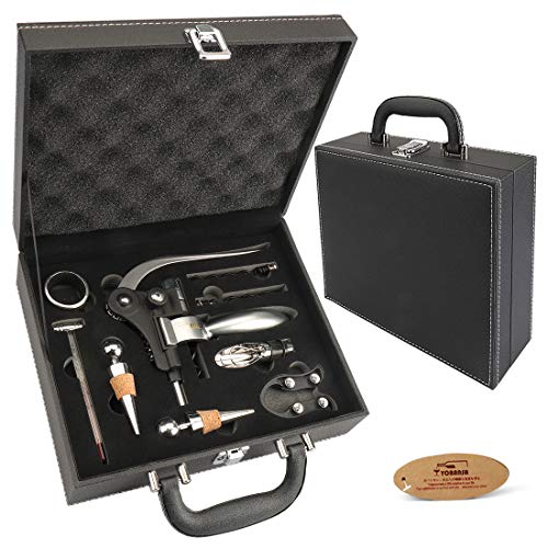 YOBANSA Scatola in cuoio PU Accessori per vino Set regalo, Set di accessori per vino in bronzo con coniglio, Set cavatappi per vino, accessorio per bottiglia Set per tappo vino (argento 9 pezzi)