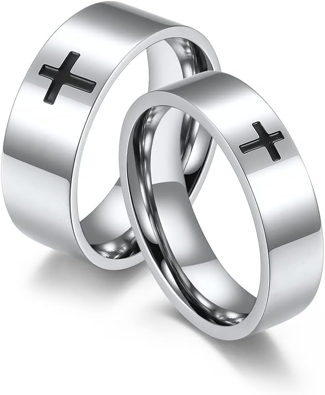Men's Cross Ring Stainless Steel Black/Silver 6mm/8mm Faith Engagement Wedding Promise Band Ring Jewelry size 8-12