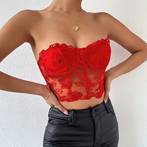 Women Sheer Mesh Boned Bustier Bra Single Row Buckle Back Corset Tops Strapless Tube Tops #TOP2