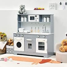 HONEY JOY Kids Kitchen Playset, Wooden Little Chef Pretend Toy Kitchen w/Sink, Stove, Microwave, Storage Cabinet, Play Kitchen for Toddlers, Gift for Boys Girls 3+, Gray
