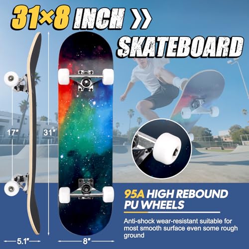 Image of Skateboards for Beginners Adults Youths Teens Kids Girls Boys 31 Inch Pro Complete Skate Boards 7 Layer Canadian Maple Double Kick Concave Longboards