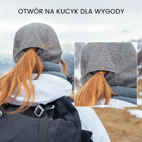 TOP-EX M/L/XL wodoszczelna czapka z daszkiem damska zimowa z nausznikami koński ogon beanie ciepła czapka z polarową podszewką damska do biegania czapka zimowa odblaskowa, L-XL