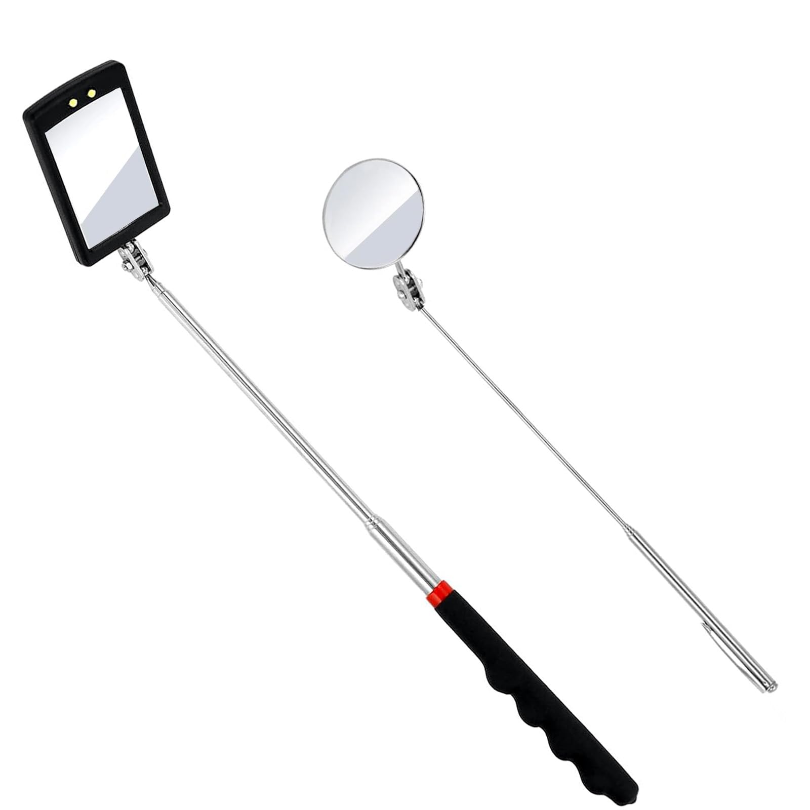 2PCS Telescopic Inspection Mirror, LED Telescopic Inspection Mirror,Portable Round 360 Degree Rotating Inspection Mirror Flashlight and Round/Square Inspection Mirror