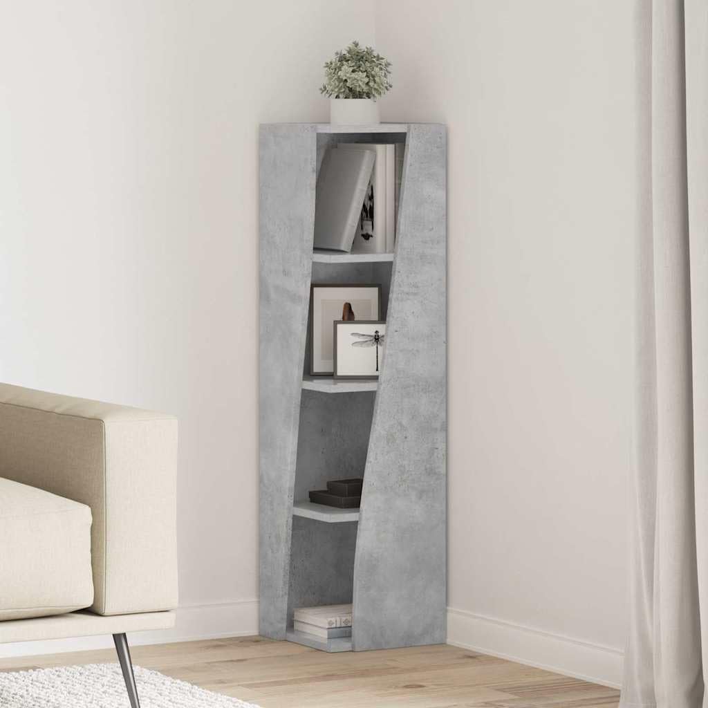 Estantería esquinera de hormigón gris para crear un rincón de lectura moderno en tu salón