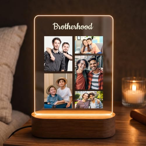 Image of Giftplease Personalized Photo Acrylic Night Light with Wooden Base - Custom Photo LED Desk Lamp - Engraved Brotherhood Picture Frame, Custom Keepsake Gift for Brother, Best Friend, Men, Birthday