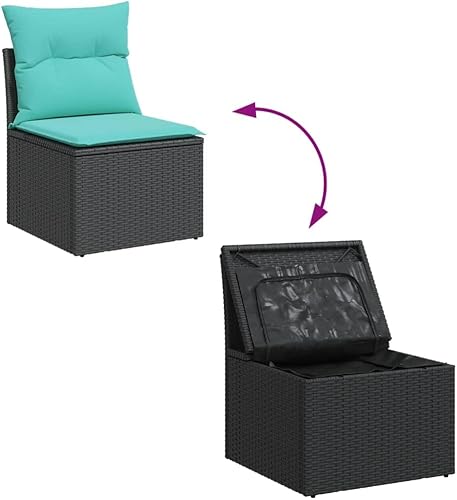 Miniatura 5 de vidaXL Sofá de patio sin brazos con cojines, asiento al aire libre, ratán de poliéster negro, función de almacenamiento, cómodo, resistente a la