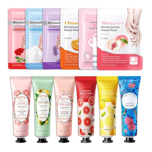 Hydrating Hand Masks, 6PCS Hand Mask Moisturizing Gloves for Men Women, Smooth Long Lasting Soft Exfoliating Hand Peeling Spa Mask Moisturizer Beauty Gift Set for Dry Cracked Rough Dull Hands（R)
