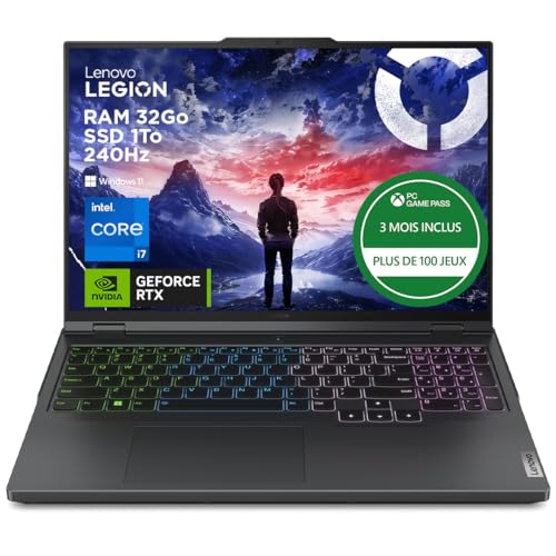 Lenovo Legion Pro 5 16IRX9 - Ordinateur Portable 16'' WQXGA 240Hz (Intel Core i7-14650HX, RAM 32Go, SSD 1To, NVIDIA RTX 4060 8Go, Windows 11 Home) Clavier AZERTY Français - Gris Onyx